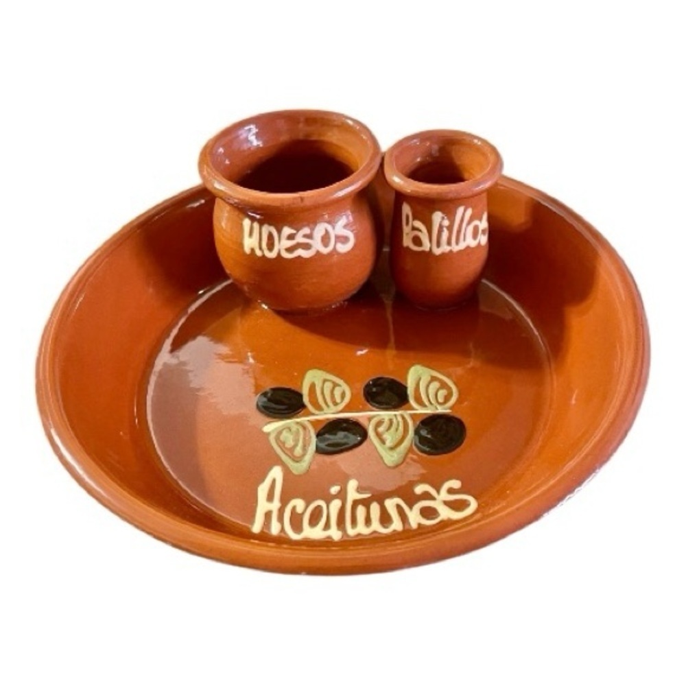 Terracotta Spanish Olive Serving Dish, Holds Olives, Toothpicks, & Pits.